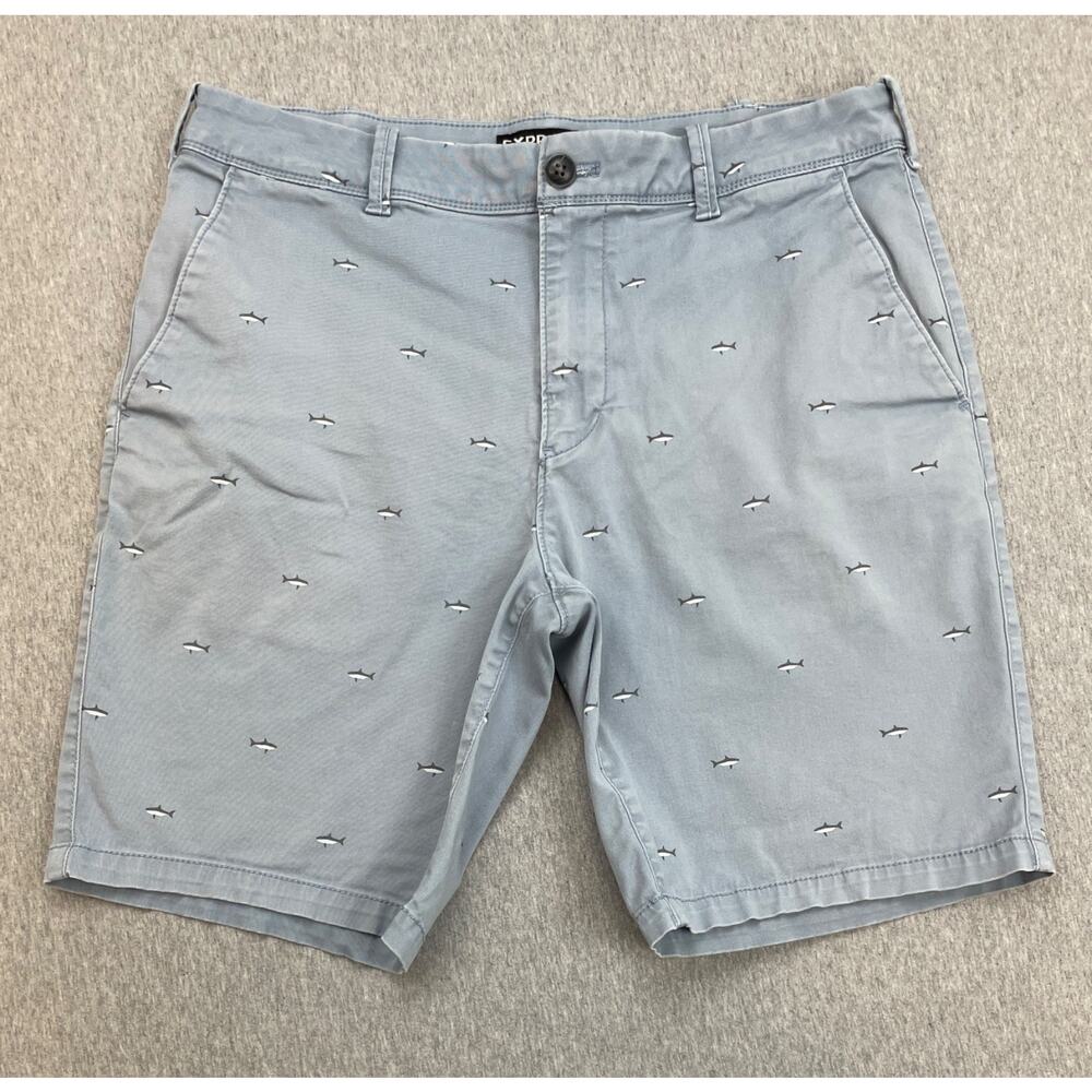 Express Shorts Mens 31 Blue Cotton Blend Stretch Fish Print Chino Flat 9" Inseam